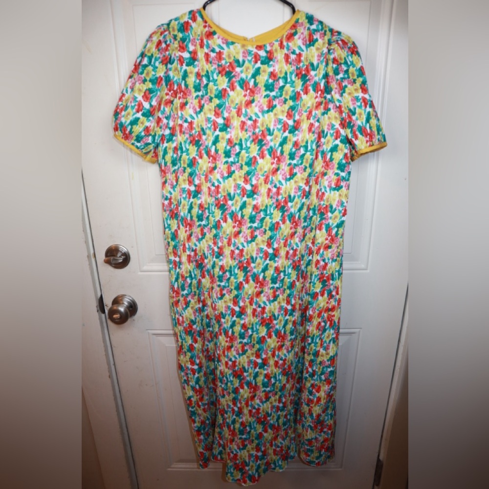 HANDMADE VINTAGE silky floral slip dress with yellow trim SIZE MEDIUM